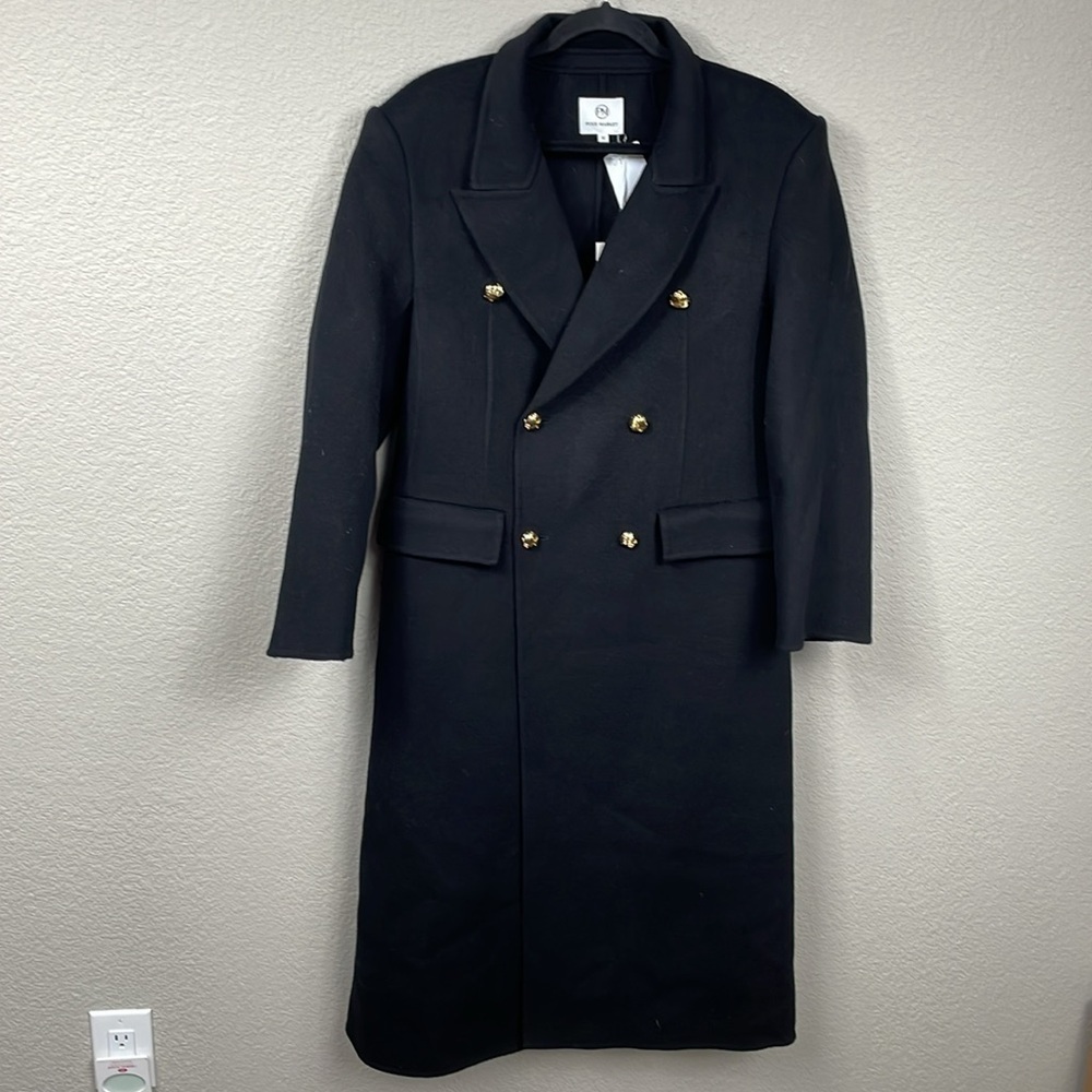 Nwt Pixie Market Double Breasted Wool Coat Black Warm Longline Car Coat Sz M — image 3 of 8